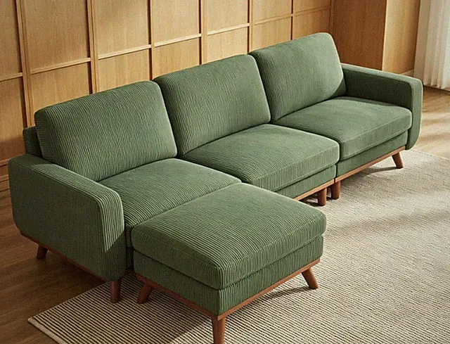 Modern 97" Green Corduroy 3-Seater Sofa with Ottoman for Small Spaces