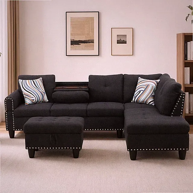 Modern 97" L-Shaped Sofa Set with Cup Holders & Storage Ottoman, Black Grey