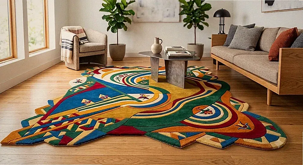 Modern Abstract Area Rug Irregular Shape Colorful Living Room Statement Rug