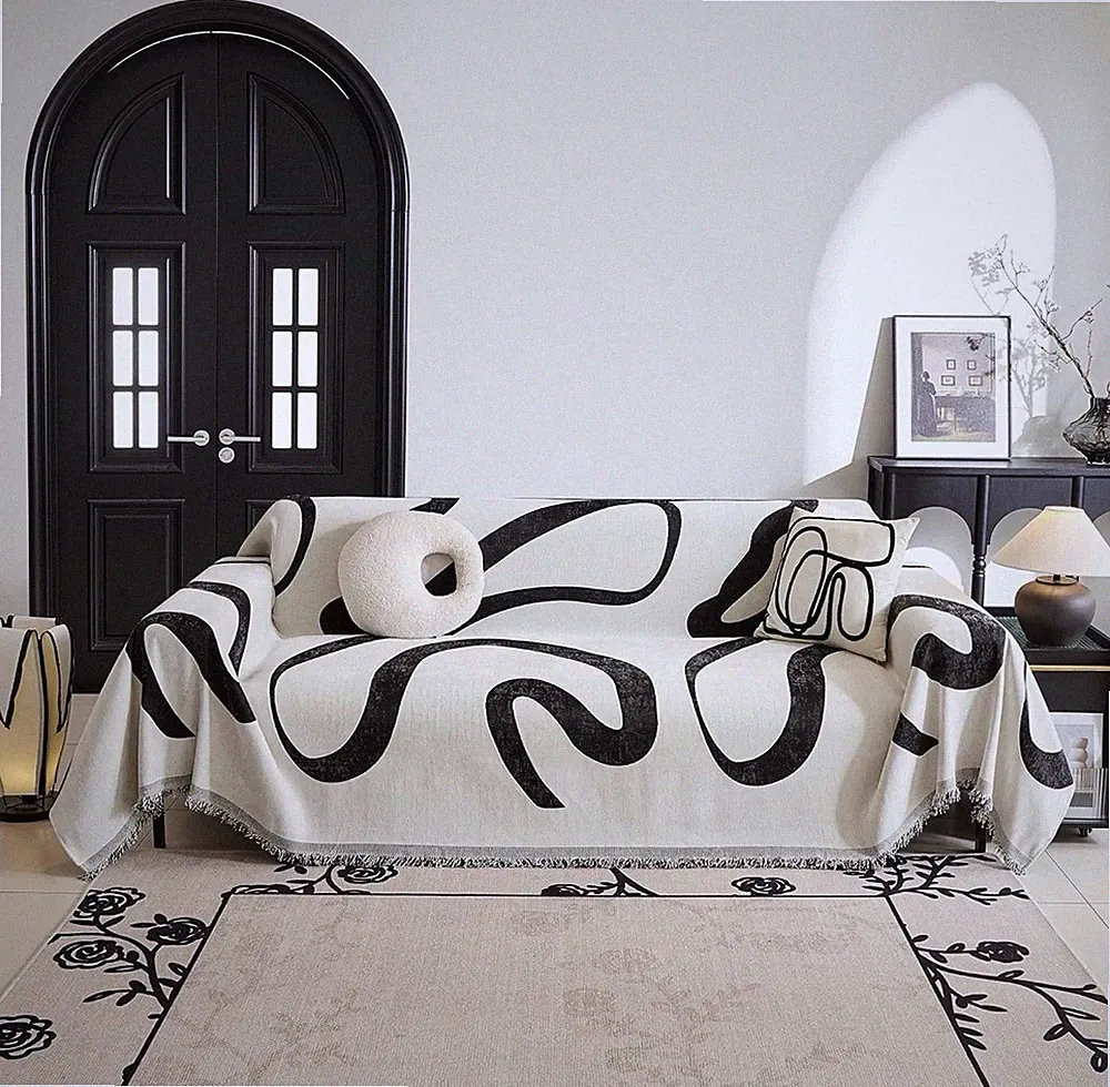 Modern Abstract Black and White Fabric Sofa Slipcover, Machine Washable