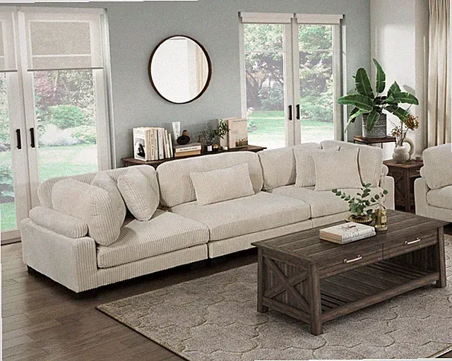 Modern Beige 135" Plush Modular Sofa Fabric Upholstered Contemporary Living Room
