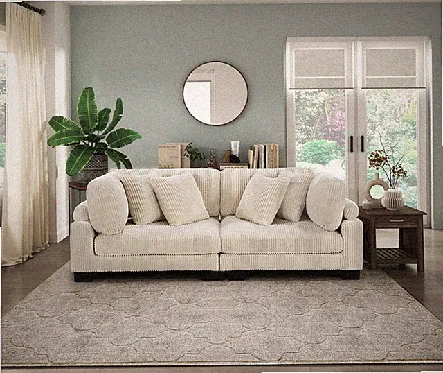 Modern Beige 90" Plush Modular Sofa Fabric Upholstered Contemporary Living Room