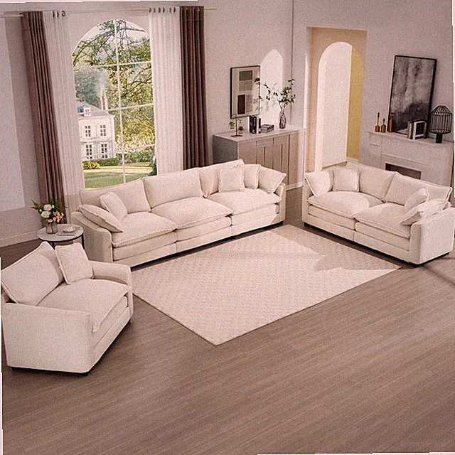 Modern Beige Corduroy Sectional Sofa Set with Loveseat & Ottoman