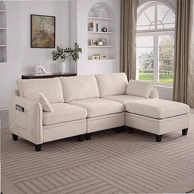 Modern Beige Modular Sectional Sofa L-Shaped Cloud Couch with Ottoman, 4-Seater