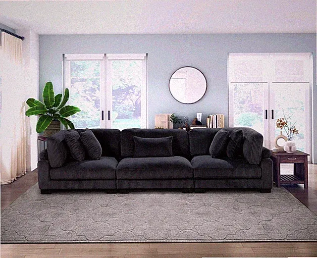 Modern Black 135" Plush Modular Sofa Fabric Upholstered Contemporary Living Room
