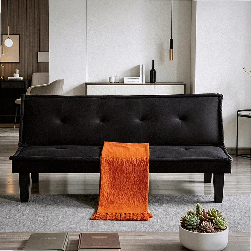 Modern Black Convertible Futon Sofa Bed for Small Spaces, 5-Position Backrest