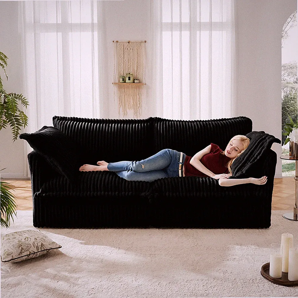 Modern Black Corduroy 2-Seater Sofa with Removable Cover, Apartment Couch