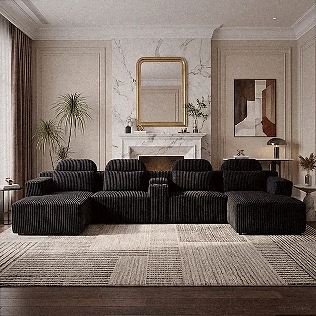 Modern Black corduroy 6-seater U-shaped sofa w/lounge chair and cup holder -145.
