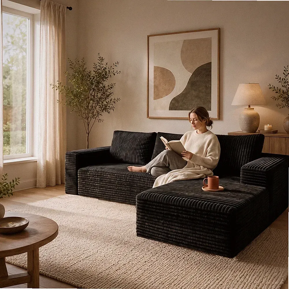 Modern Black Corduroy Sectional Sofa with Right Chaise, L-Shaped Couch