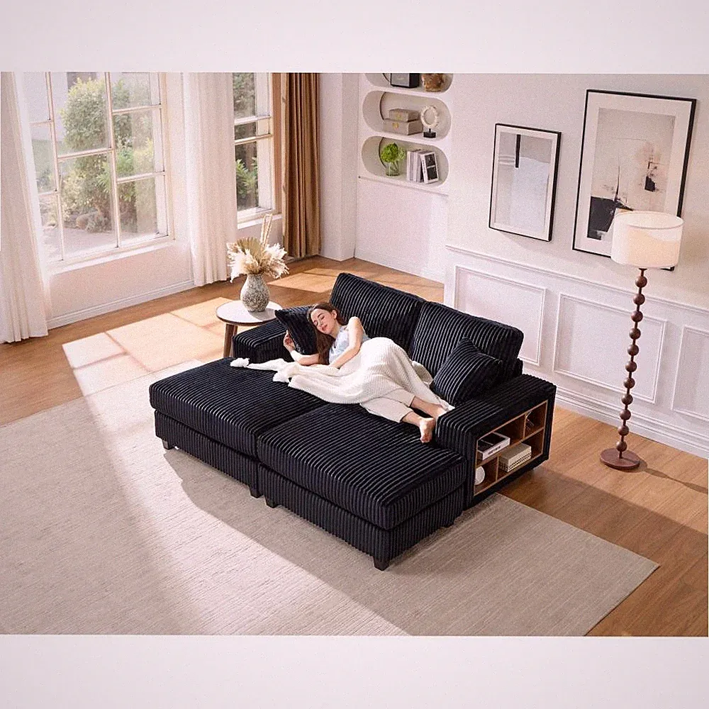 Modern Black Corduroy U-Shaped 2-Seater Sleeper Sectional Loveseat Sofa Chair