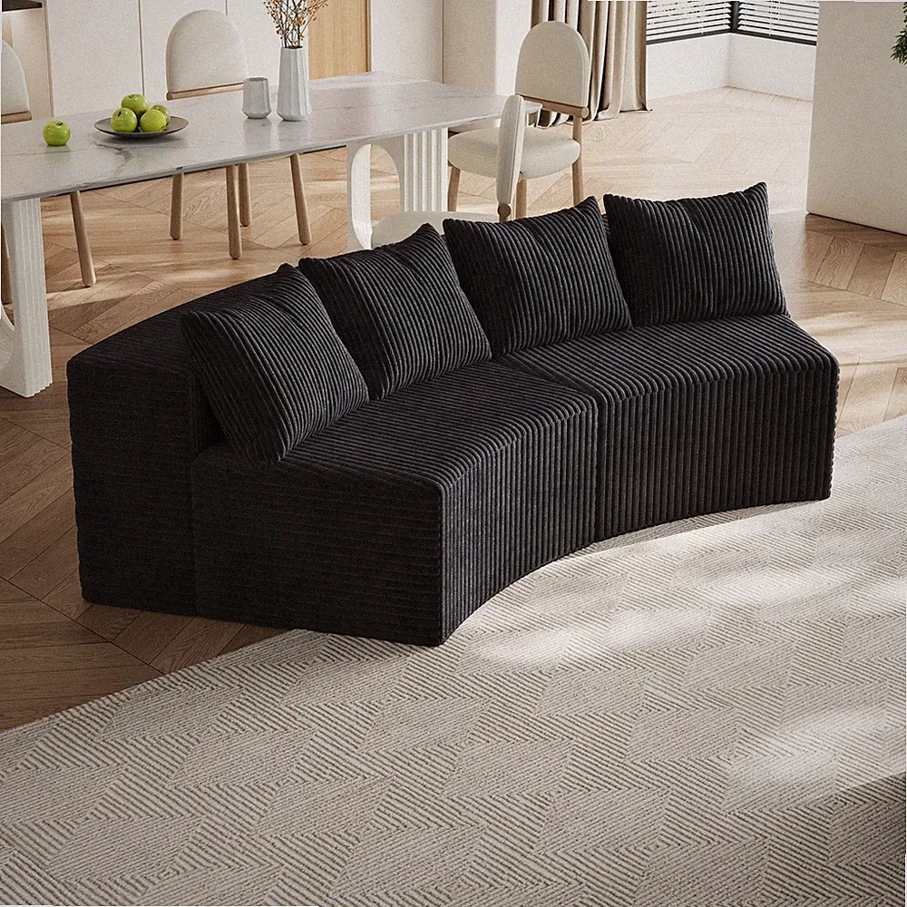 Modern Black Curved Sectional Sofa with Deep Cloud Cushion and Corduroy Fabric