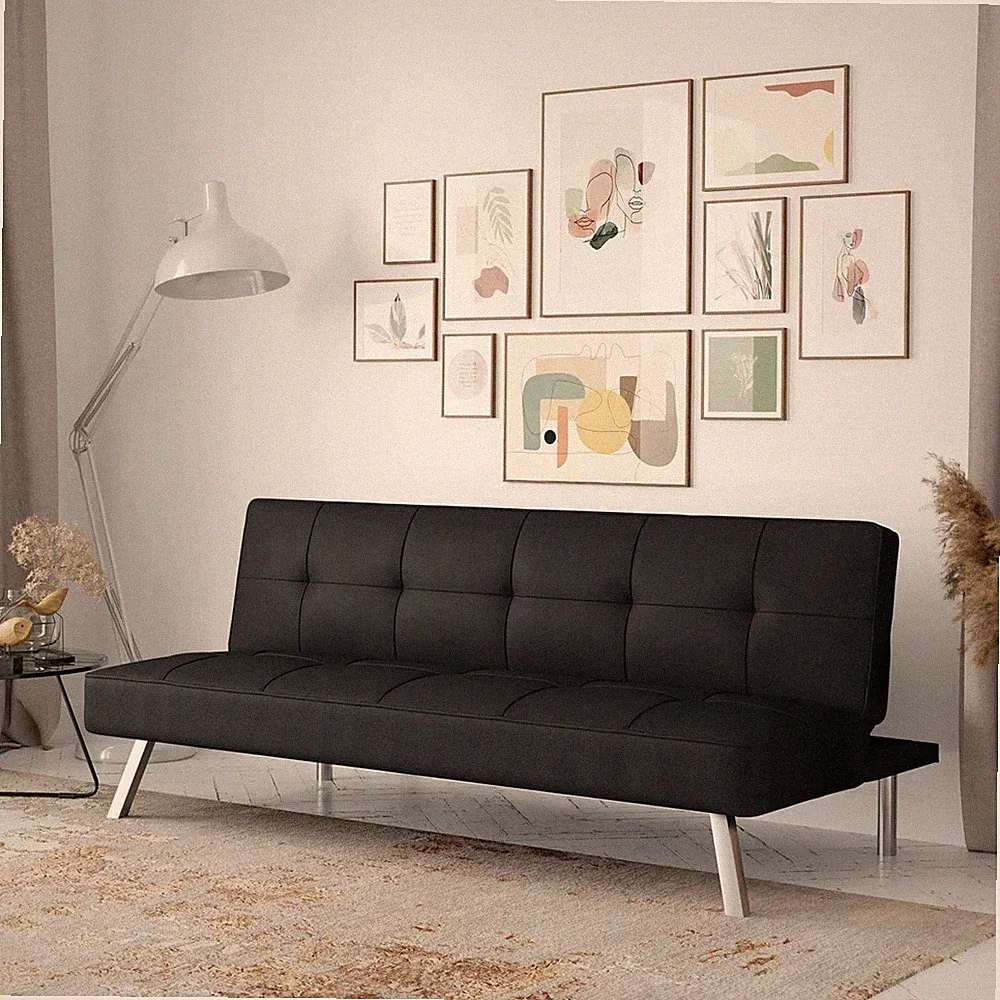 Modern Black Futon Sofa Bed Convertible Sleeper Chrome Metal Legs Tufted Fabric