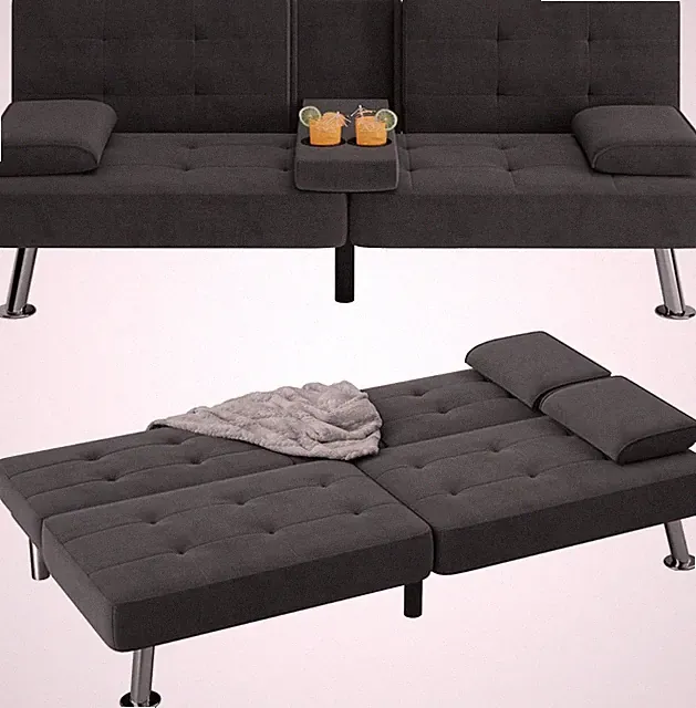 Modern Black Futon Sofa Bed with Cup Holders & Removable Armrests