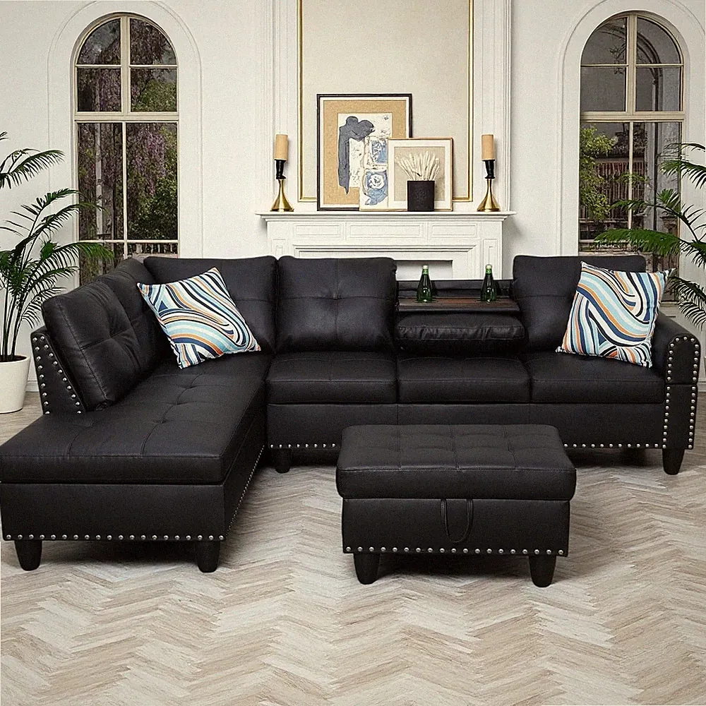Modern Black Leather L-Shaped Couch Set with Storage Ottoman & Chaise