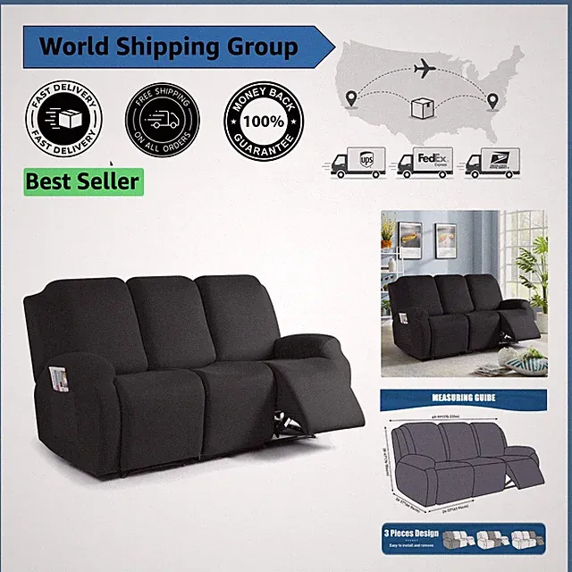 Modern Black Recliner Sofa Covers with Pockets - 3-Piece Stretch Slipcover Set