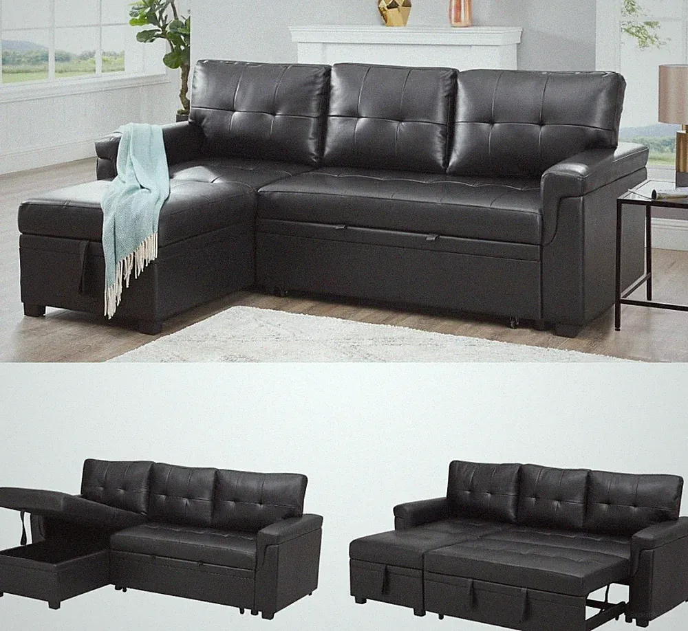 Modern Black Sectional Sofa with Storage Chaise - Air Leather