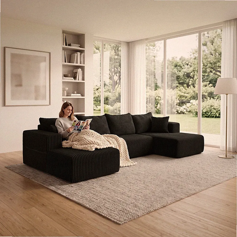 Modern Black U-Shaped Modular Cloud Sofa, Velvet Tufted Compressed Cushion Sofa