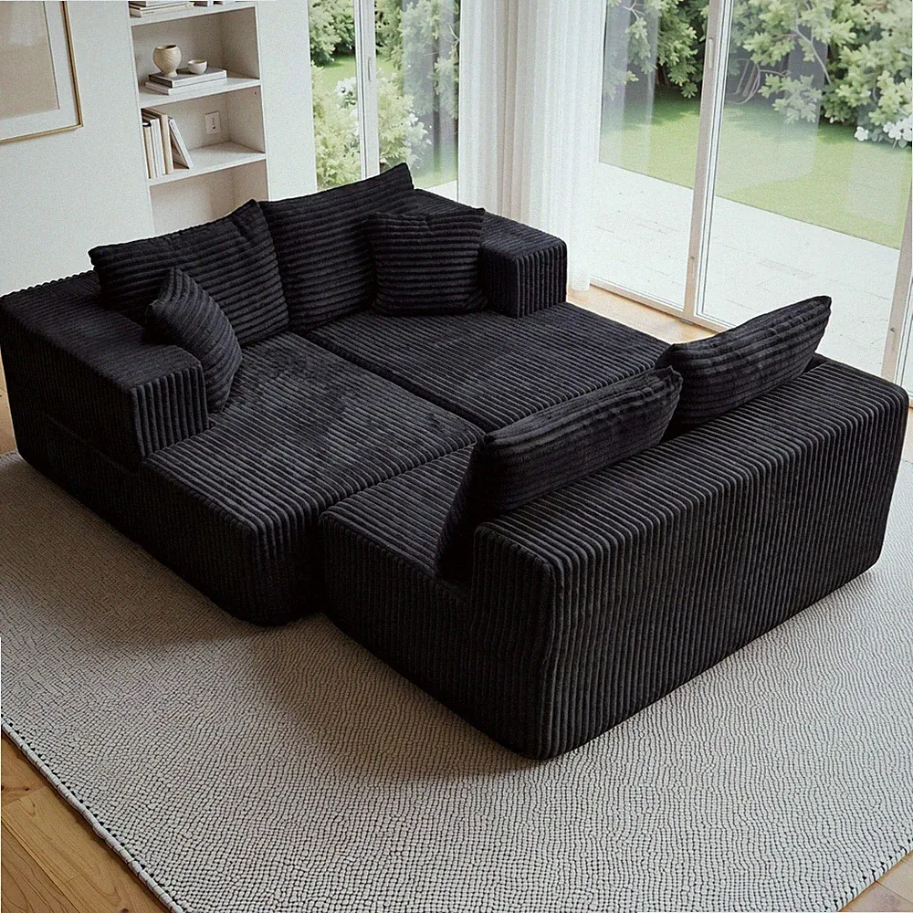 Modern Black U-Shaped Modular Cloud Sofa, Velvet Tufted Compressed Cushion Sofa