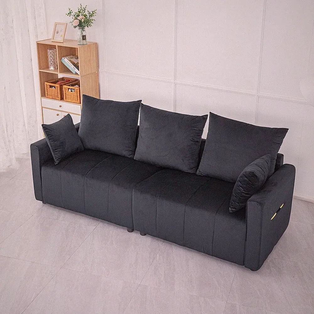 Modern Black Velvet 2-Seat Sleeper Sofa, 82" Sectional, Living Room