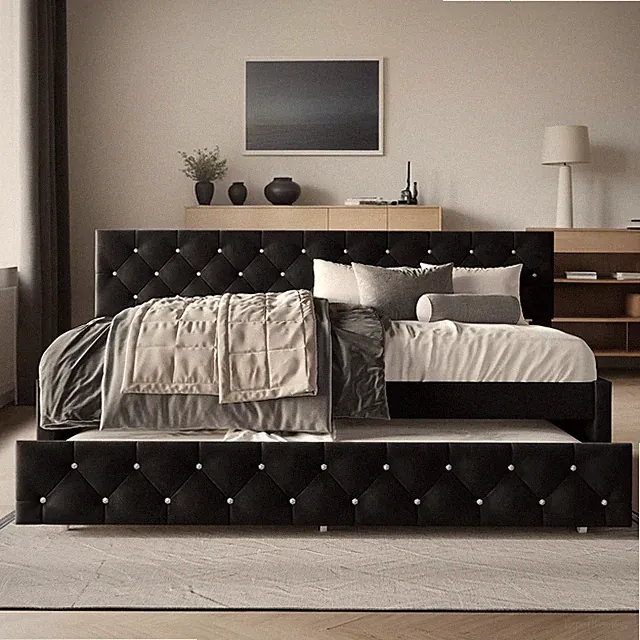 Modern Black Velvet Twin Daybed with Trundle - Stylish Guest Bed Frame