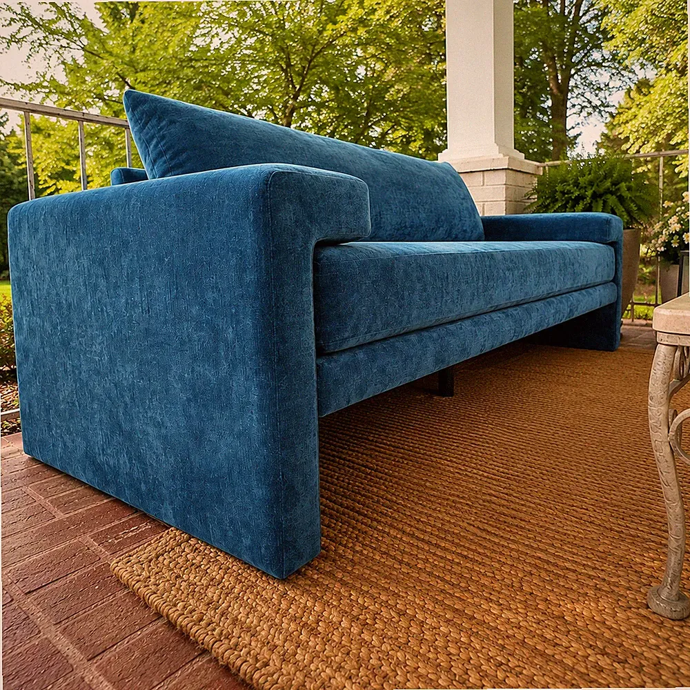 Modern Blue Chenille 3-Seater Accent Sofa Couch Wide Arms Deep Seat Living Room