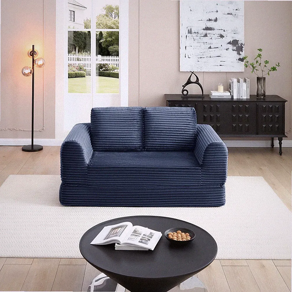 Modern Blue Corduroy Futon Sleeper Sofa Bed Couch w/ 2 Pillows, No Assembly