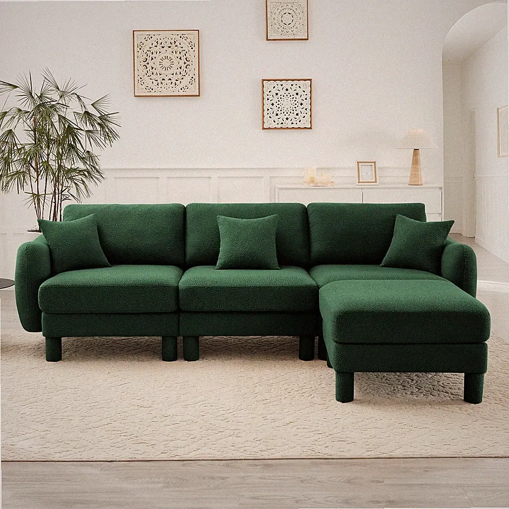 Modern Boucle Fabric Sectional Sofa L-shape 3-seat Sofa Green w/ Ottoman