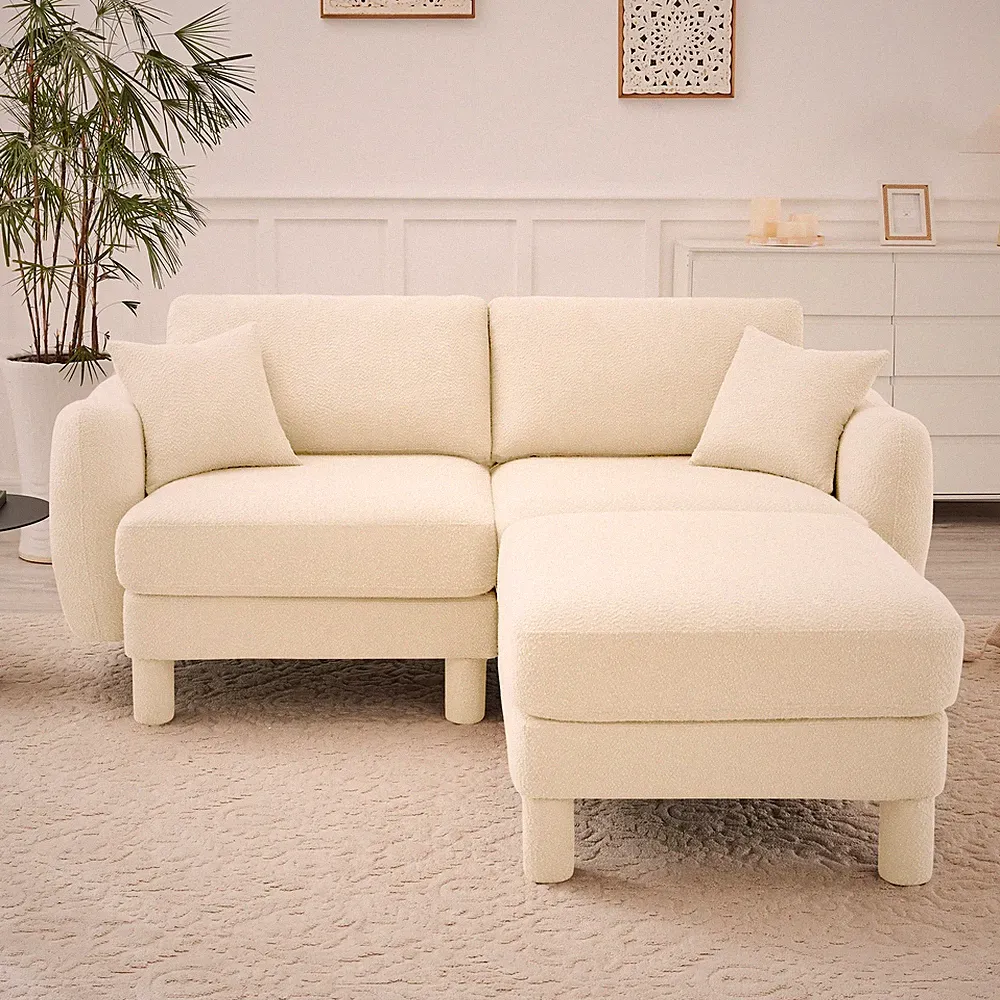 Modern Boucle Fabric Sectional Sofa w/ Ottoman, Beige, 2-Seater Loveseat