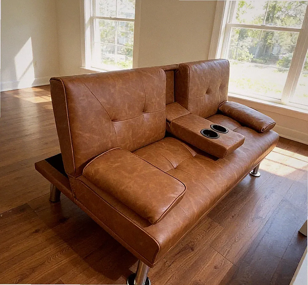 Modern Brown Faux Leather Futon Sofa Bed, Convertible Couch with Cup Holders