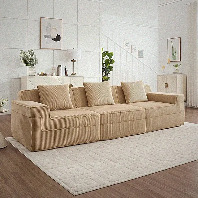 Modern Camel 3-Seat Modular Cloud Sofa with Deep Seats & Pillows, No Assembly