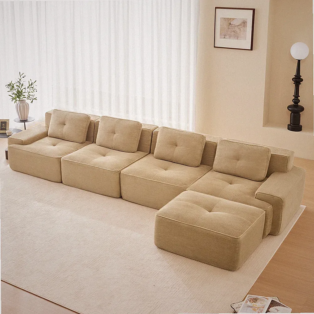 Modern Camel Corduroy Sectional Sofa 153" L-Shaped 4-Seat Deep Plush Lounge