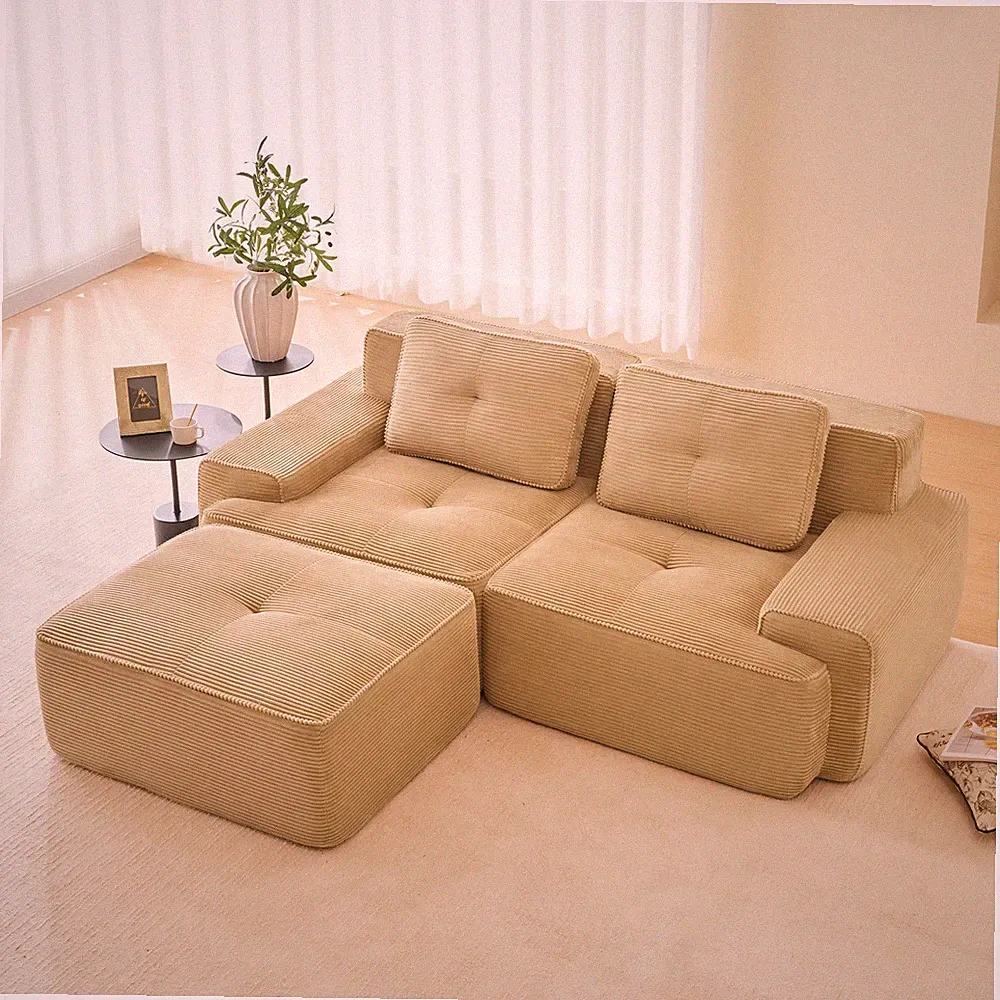 Modern Camel Corduroy Sectional Sofa 82 Inch L-Shape Deep Seat Plush Lounge