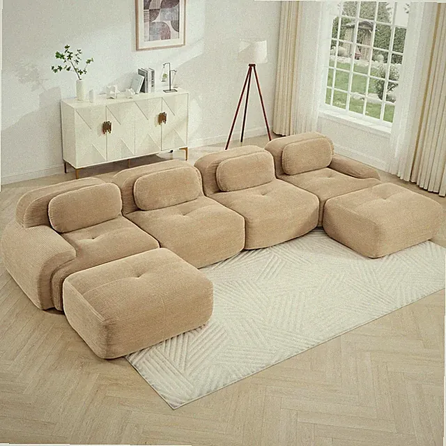 Modern Camel U-Shaped Sectional Sofa with Deep Cloud Cushion and Corduroy