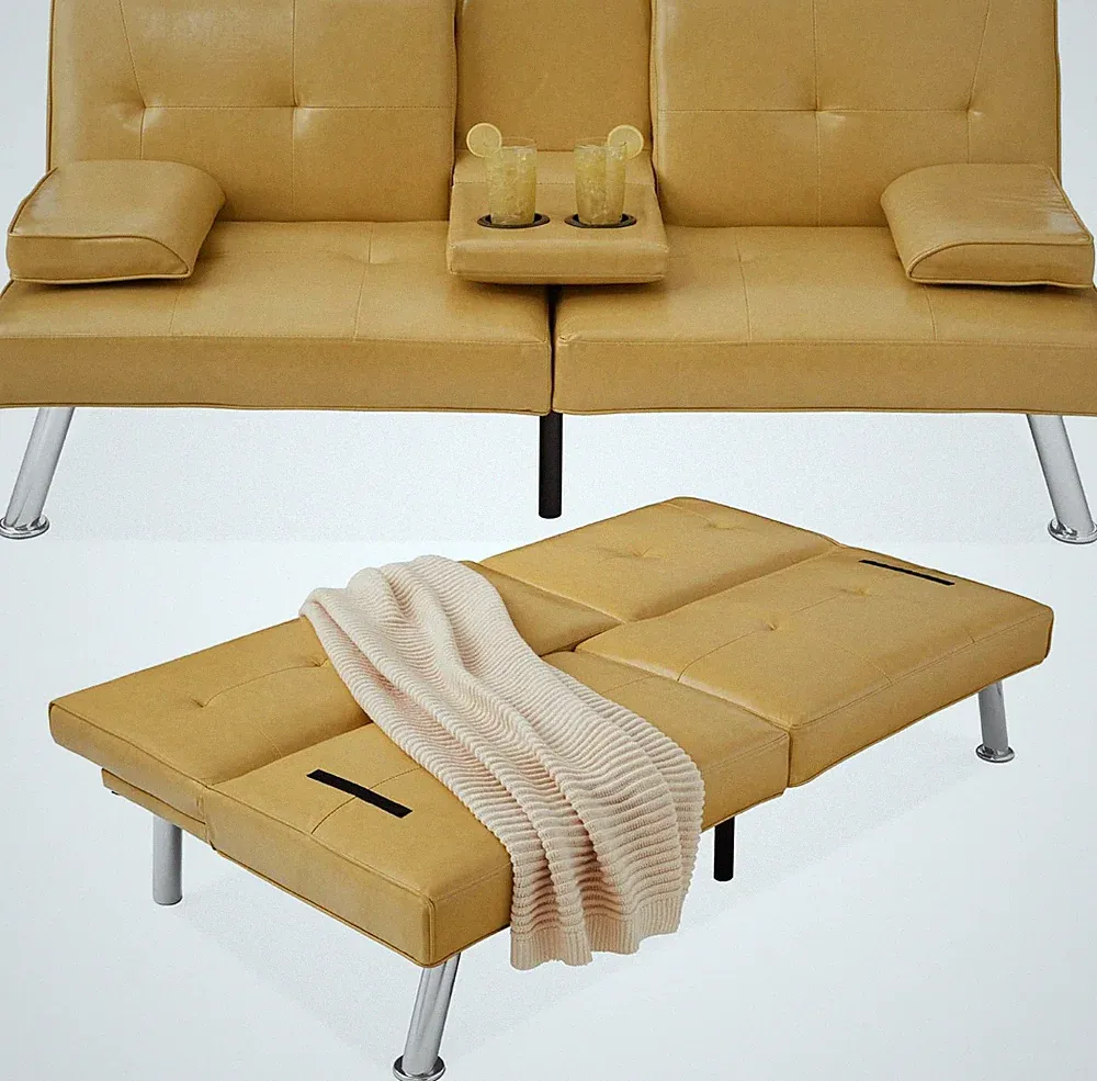Modern Camel Yellow Faux Leather Convertible Futon Sofa Bed with Armrests