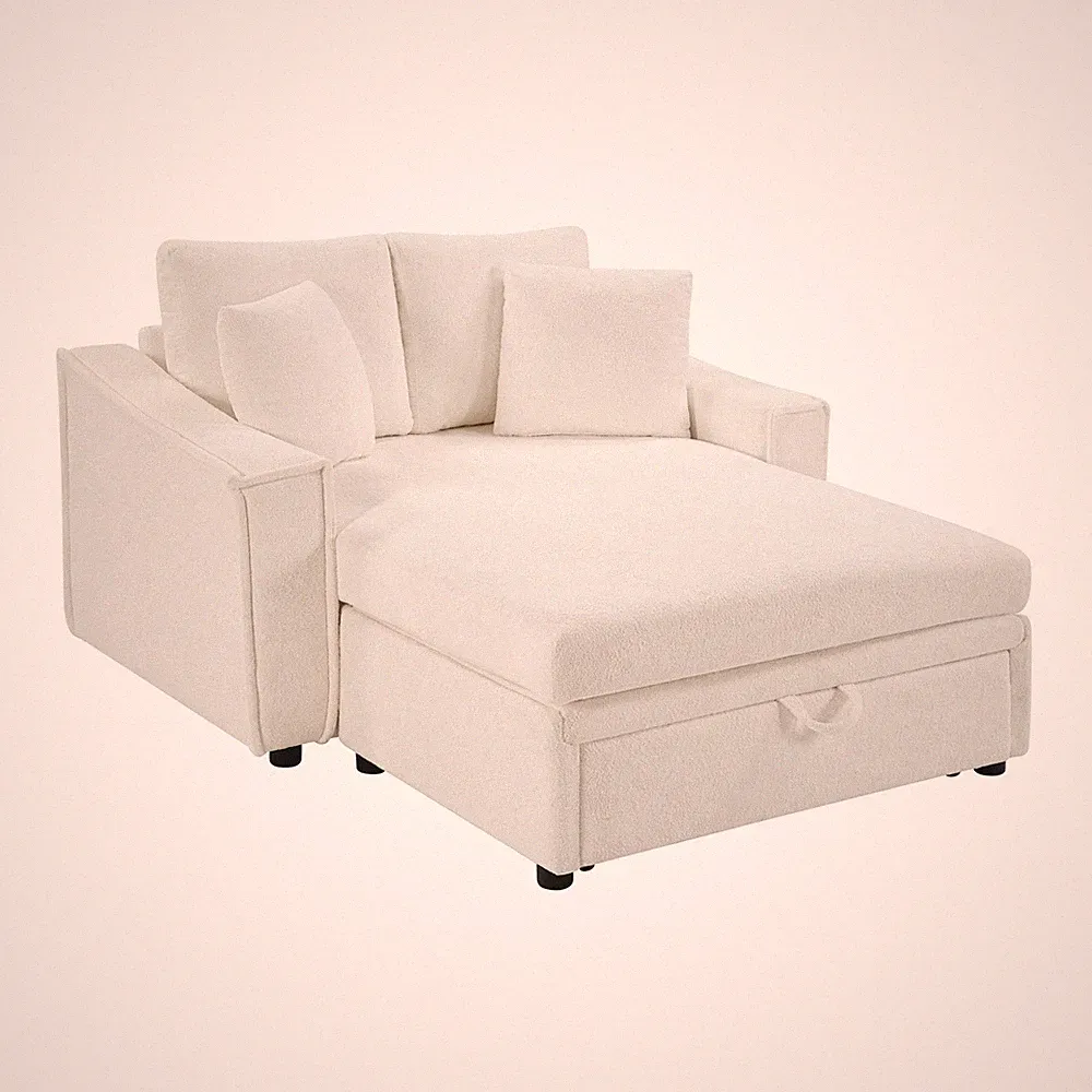 Modern Chaise Sofa Bed with Hidden Storage, Snowflake Velvet, Beige