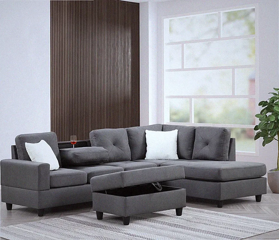 Modern Charcoal L-Shaped Sectional Sofa w/ Drop Table & Cup Holders, Linen