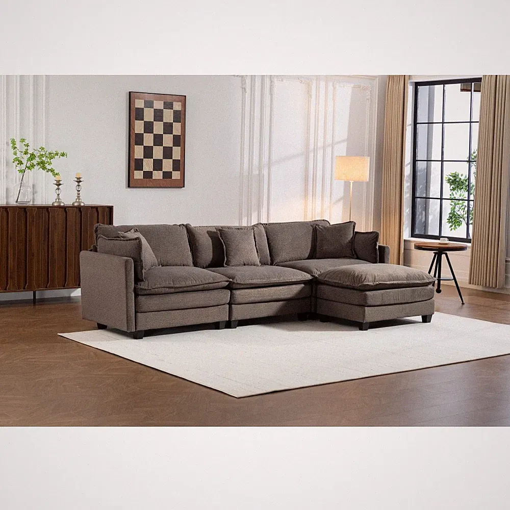 Modern Chenille 3-Seat Sectional Sofa w/ Ottomans & Reversible Chaise