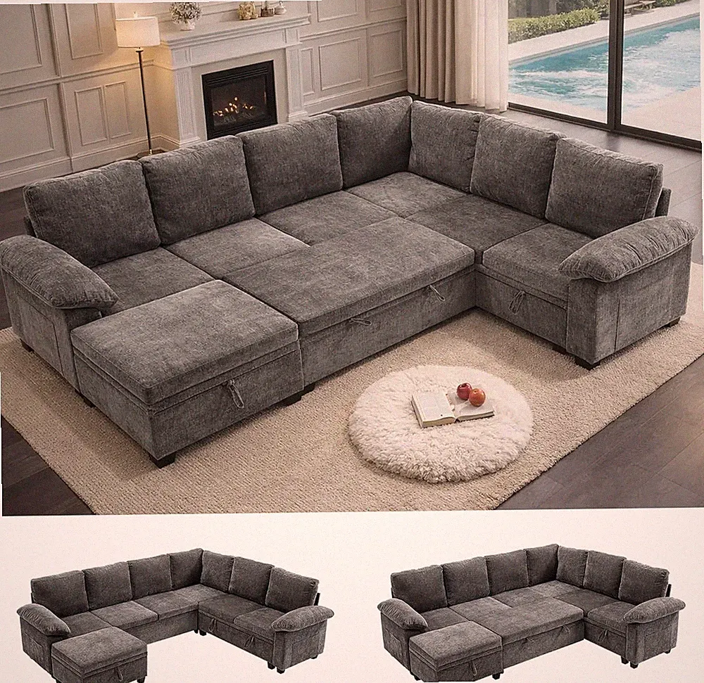 Modern Chenille Cloud Sectional Sleeper Sofa with Pull Out Bed & Storage, 7 Seat