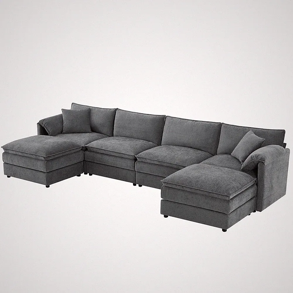 Modern Chenille Convertible Sectional Sofa Modular Couch w/ Ottoman Pillow Arms