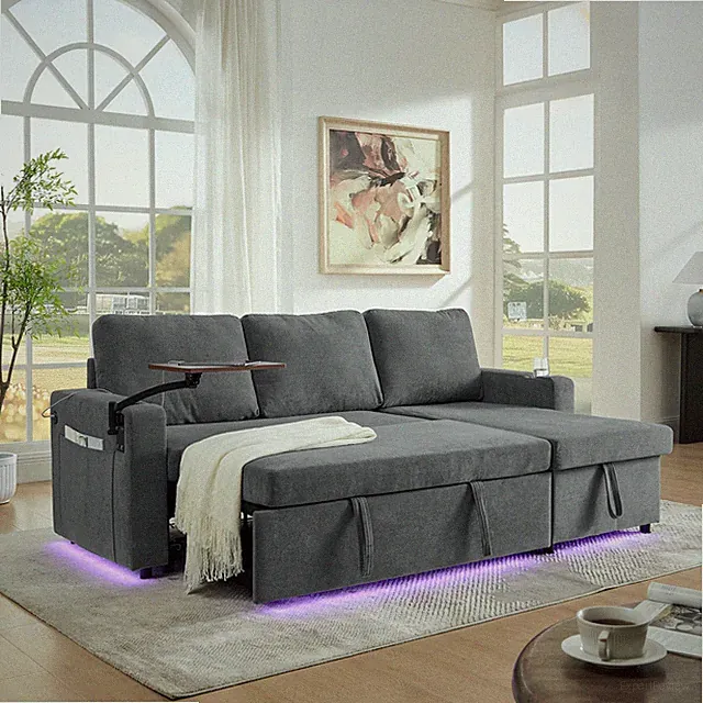Modern Chenille Multi-functional Pull-Out Bed Sofa with Retractable Table and