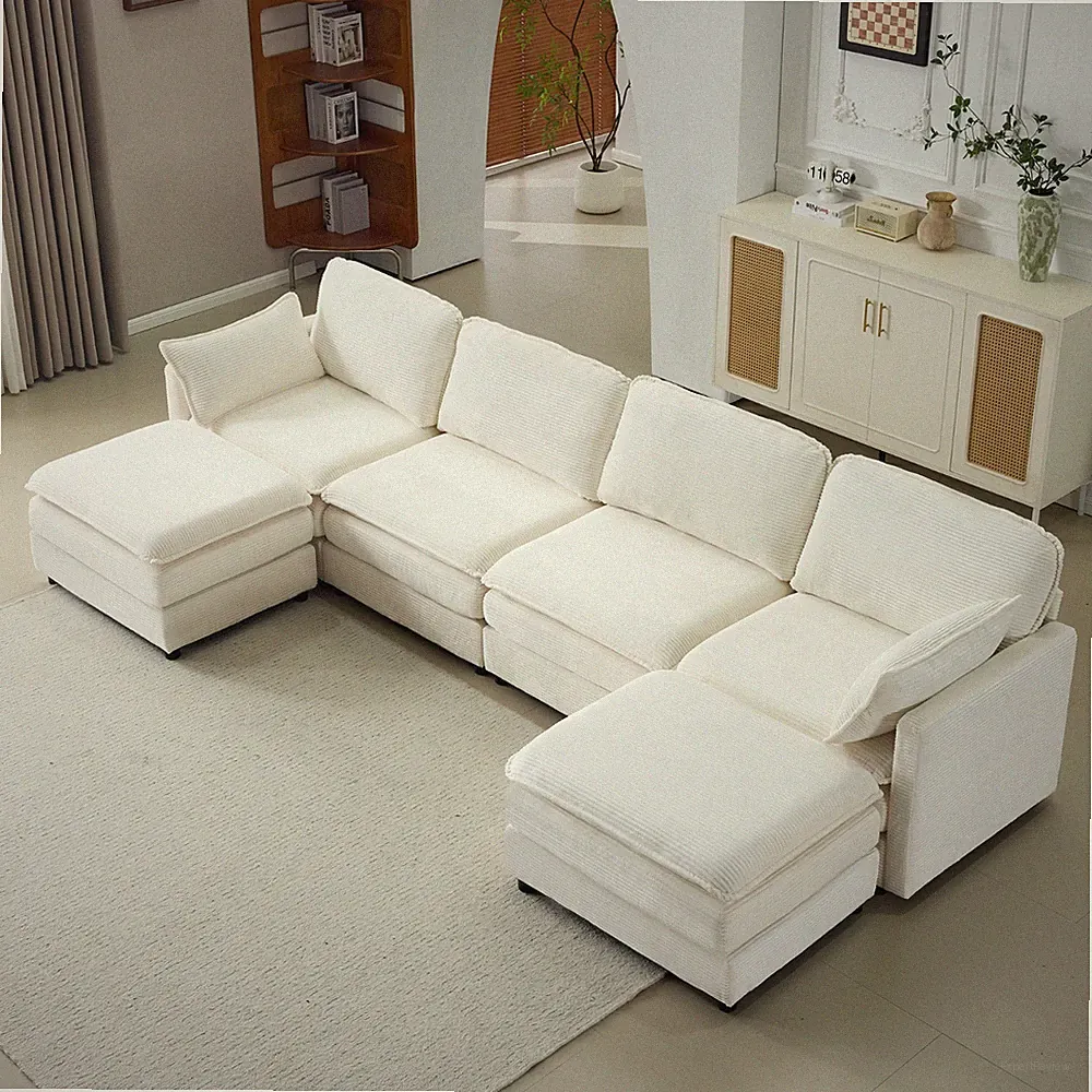 Modern Chenille Sectional Sofa Modular Couch With Ottoman Pillow For Living Room