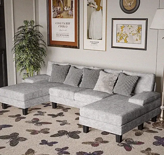 Modern Chenille U-Shaped Convertible Sectional Sofa, 4-Seat with Long Chaise