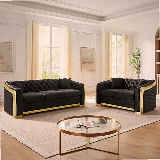 Modern Chesterfield Sofa, Velvet Tufted Back, Stainless Steel Accents