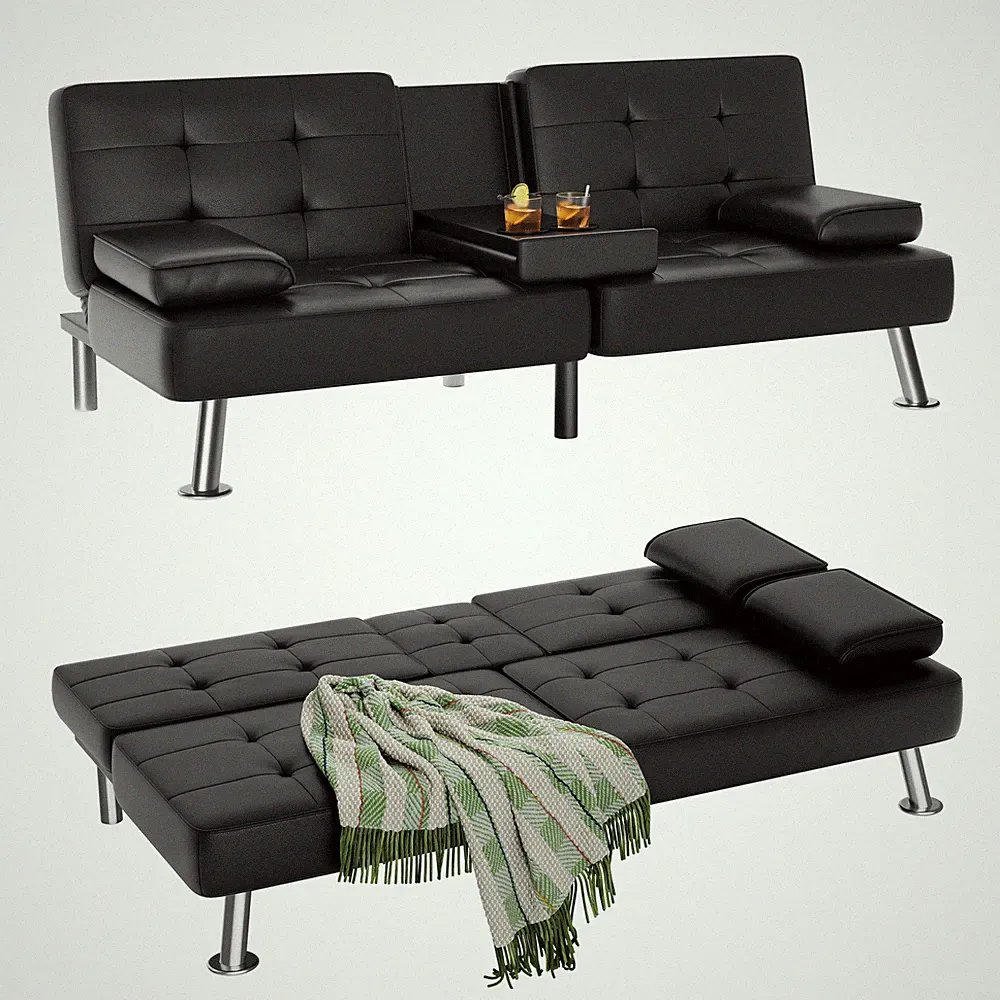 Modern Classic Faux Leather Futon Sofa Bed Black Foldable Folding Cup Holder
