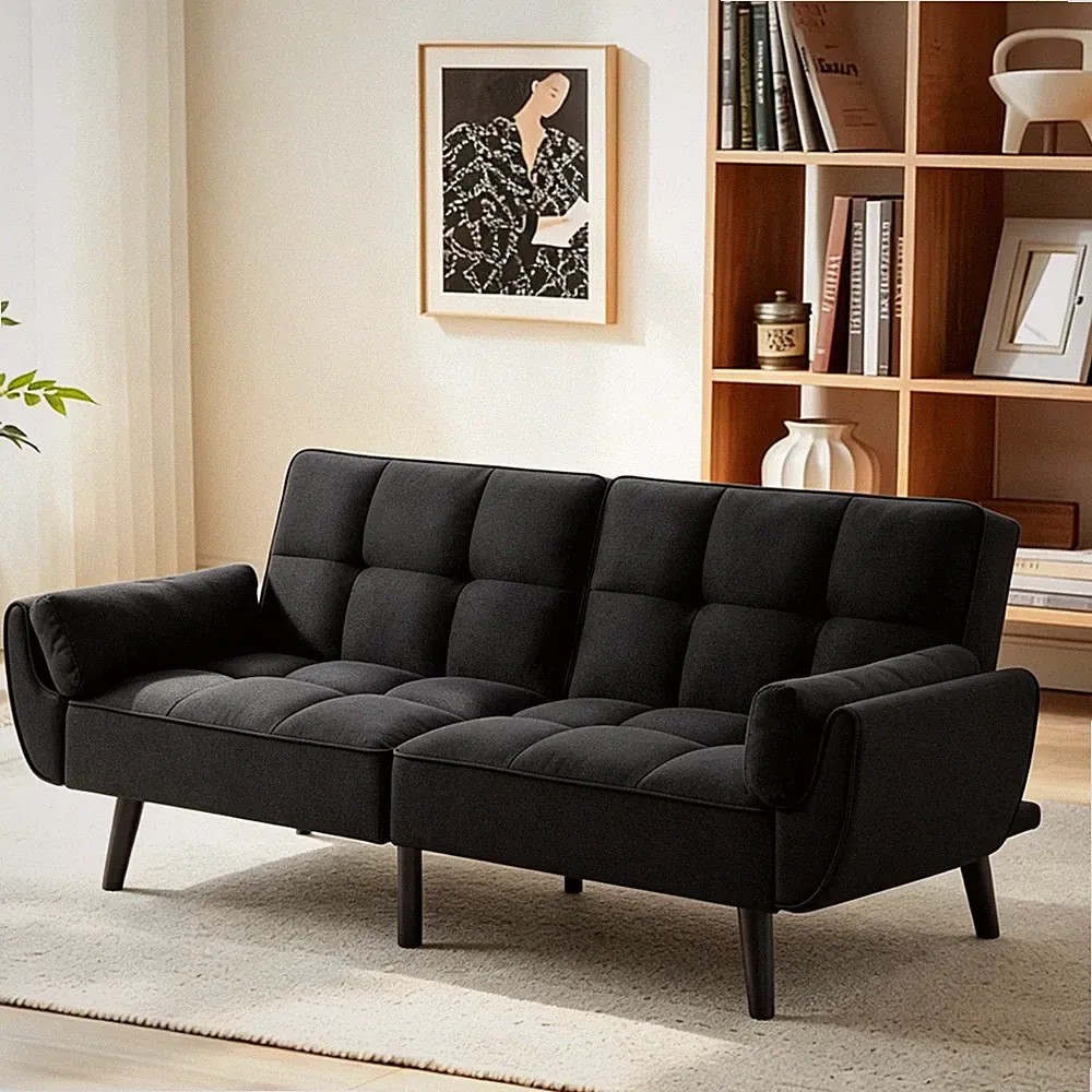 Modern Classic Futon Sofa Bed Black Split-Back Convertible Reclining Living Room