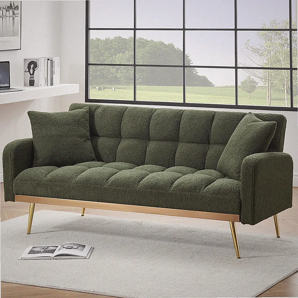 Modern Classic Teddy Fleece Futon Sofa Bed Green Folding Convertible Tufted