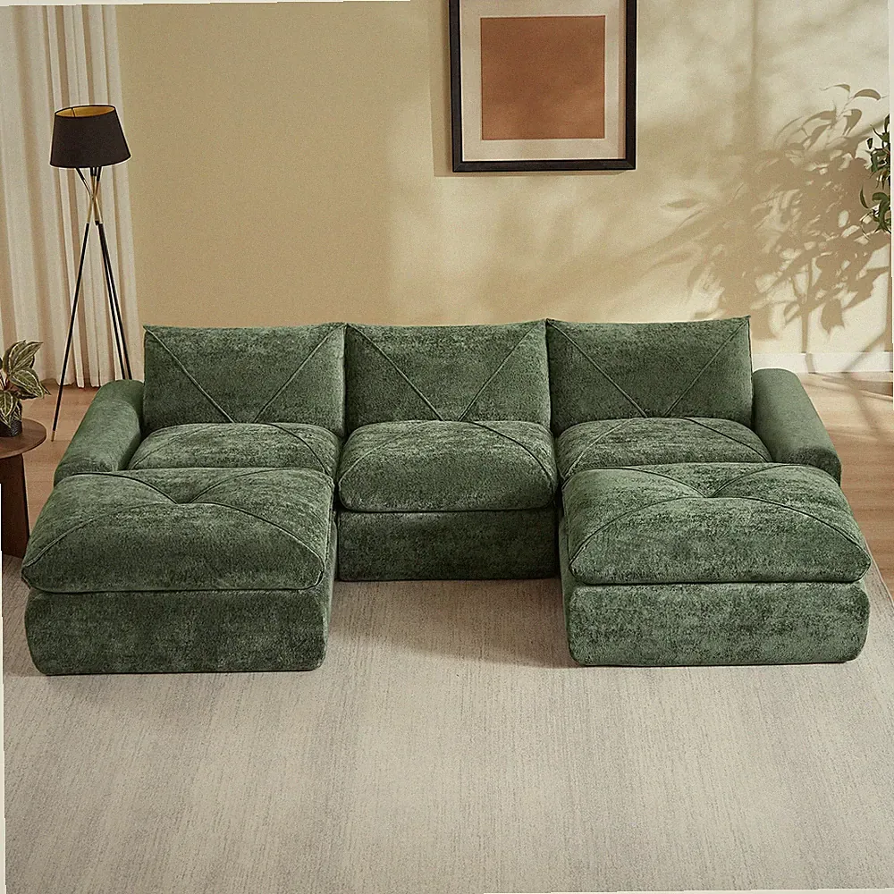 Modern Cloud Curved Chenille Sectional Sofa 119 Inch Green 5-Seater Living Room