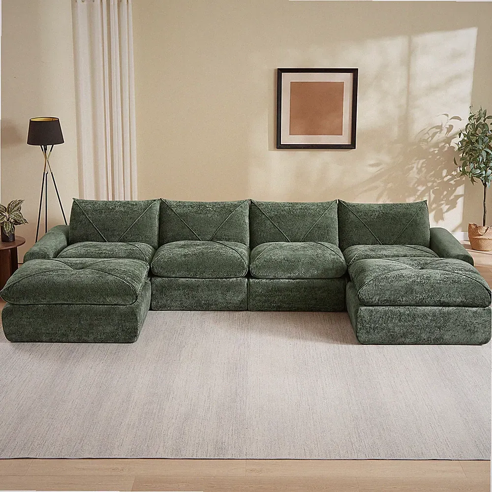 Modern Cloud Curved Chenille Sectional Sofa 153 Inch Green 6-Seater Fabric
