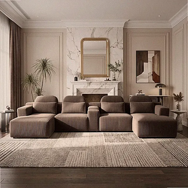 Modern coffee corduroy 6-seater U-shaped sofa w/lounge chair and cup holder -145