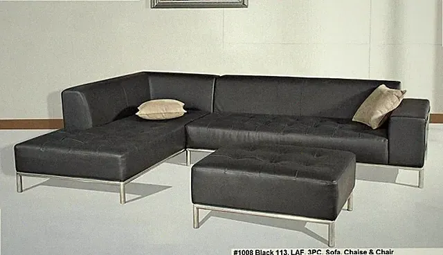 Modern contemporary black Leather Sectional chaise + sofa +ottoman 3pc set #1008